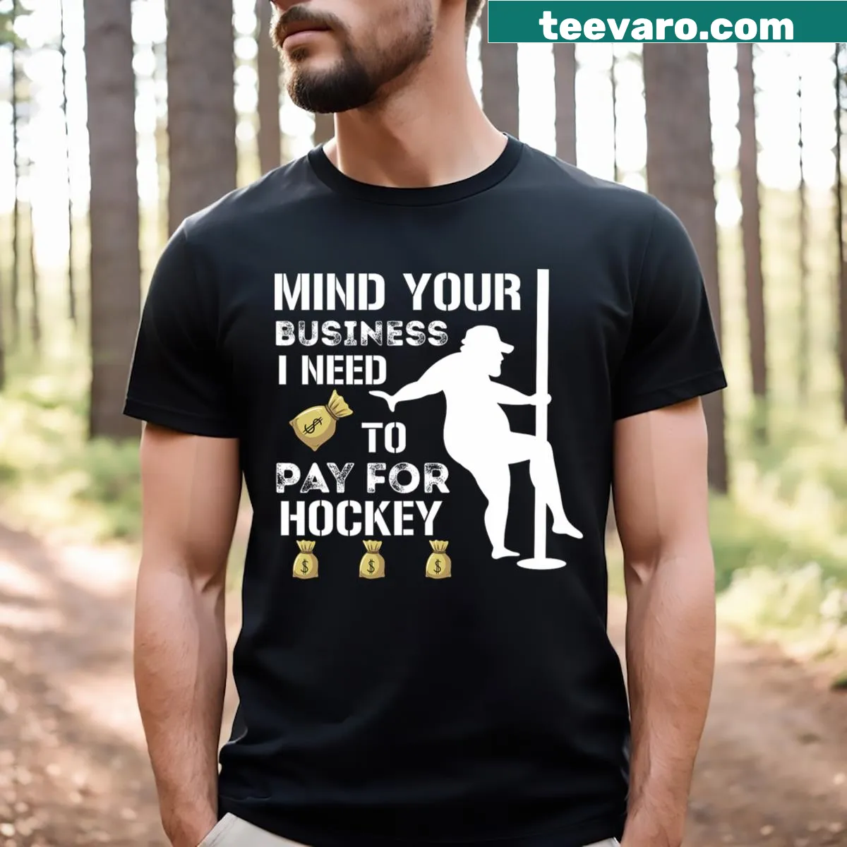 Funny hockey-themed tee with pole dance graphic and text — on a men's t-shirt