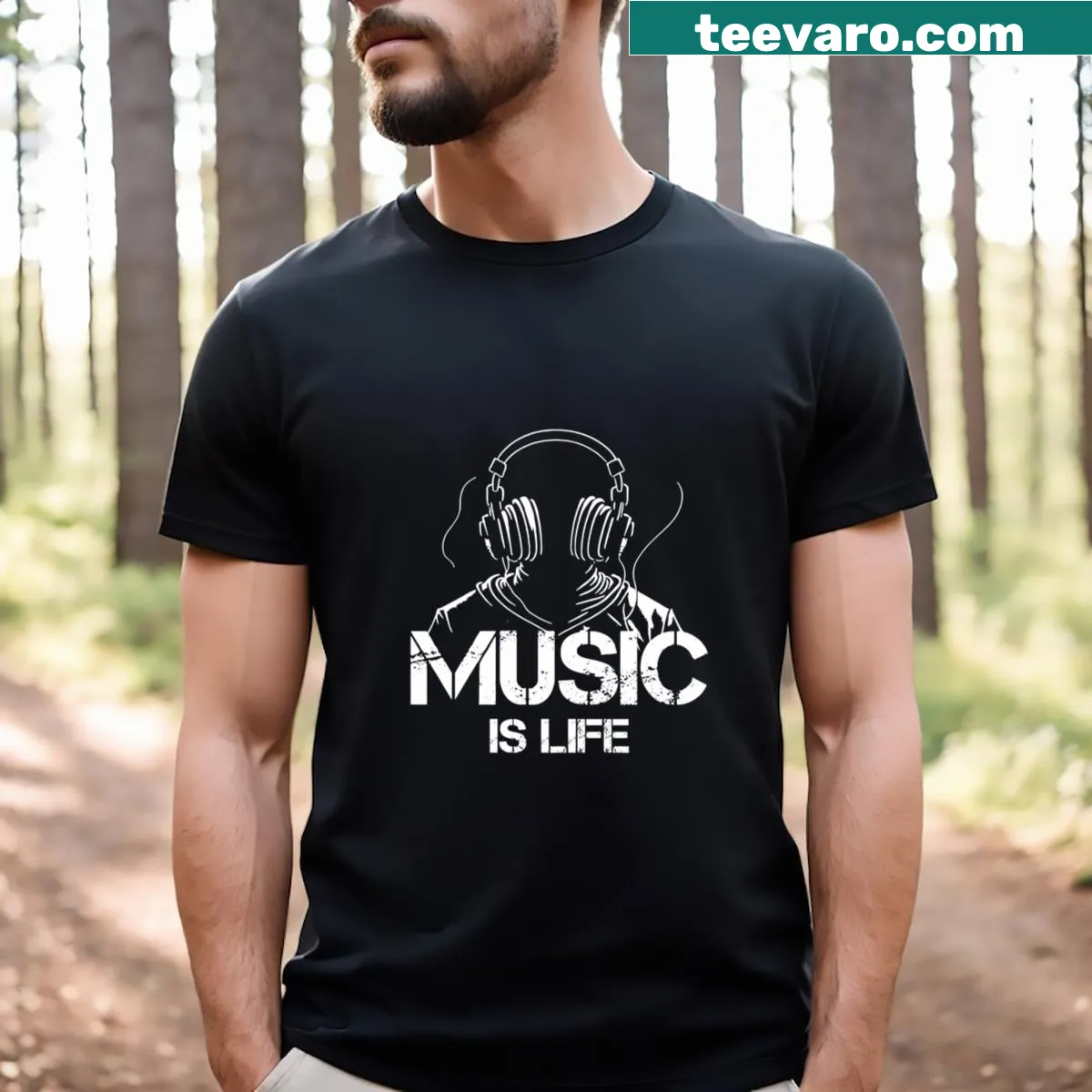 Inspirational T-shirt stating 'Music Is A Life Essential' — on a men's t-shirt