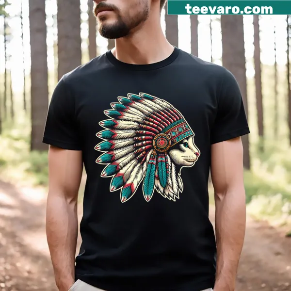 Kid's T-shirt with a playful design of a cat wearing a Native American headdress.