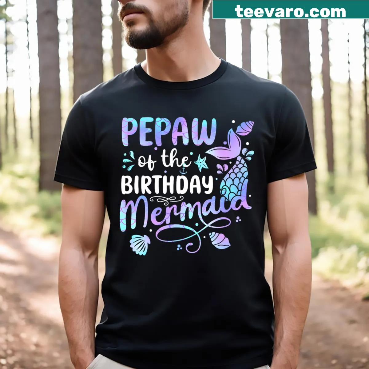 Cute illustration of a mermaid with 'Pepaw of the Birthday Mermaid' text — on a men's t-shirt