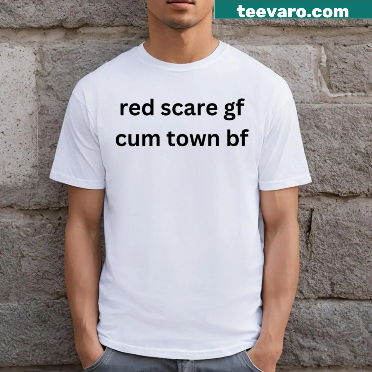 Typography T-shirt with the phrase 'Red Scare GF' — on a men's t-shirt