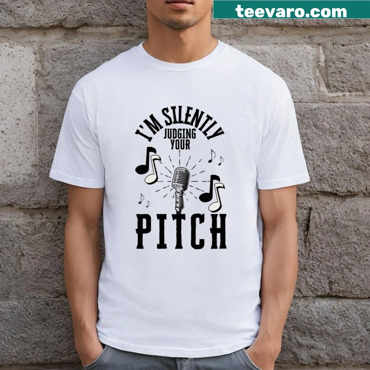 Funny T-shirt for singing teachers with pitch judgment phrase — on a men's t-shirt