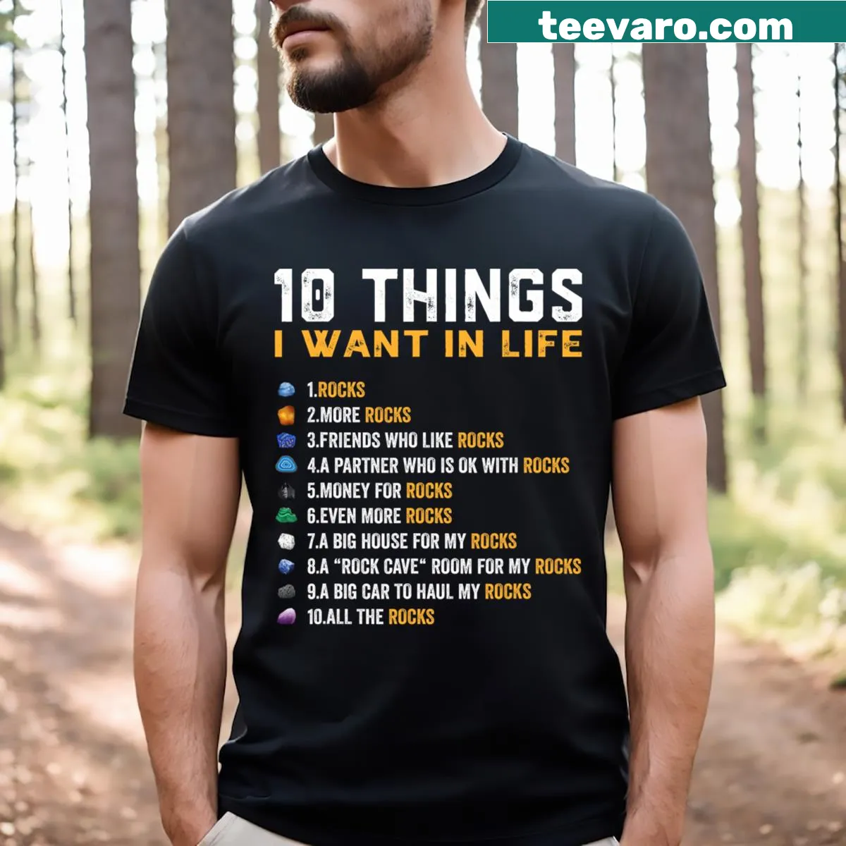 Playful T-shirt for rock collectors with illustrations of gemstones — on a men's t-shirt