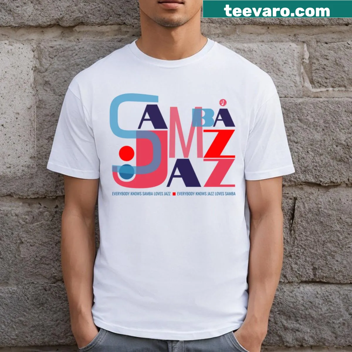 Cartoon T-shirt celebrating samba and jazz music with playful graphics — on a men's t-shirt