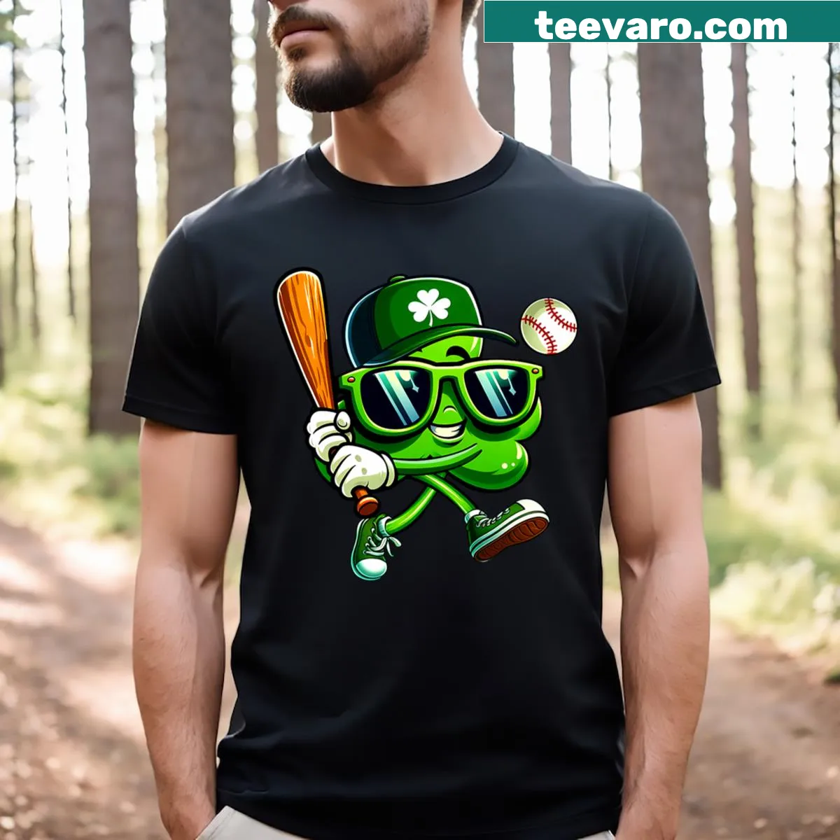 Funny St. Patrick's Day t-shirt for boys featuring shamrock baseball graphics — on a men's t-shirt