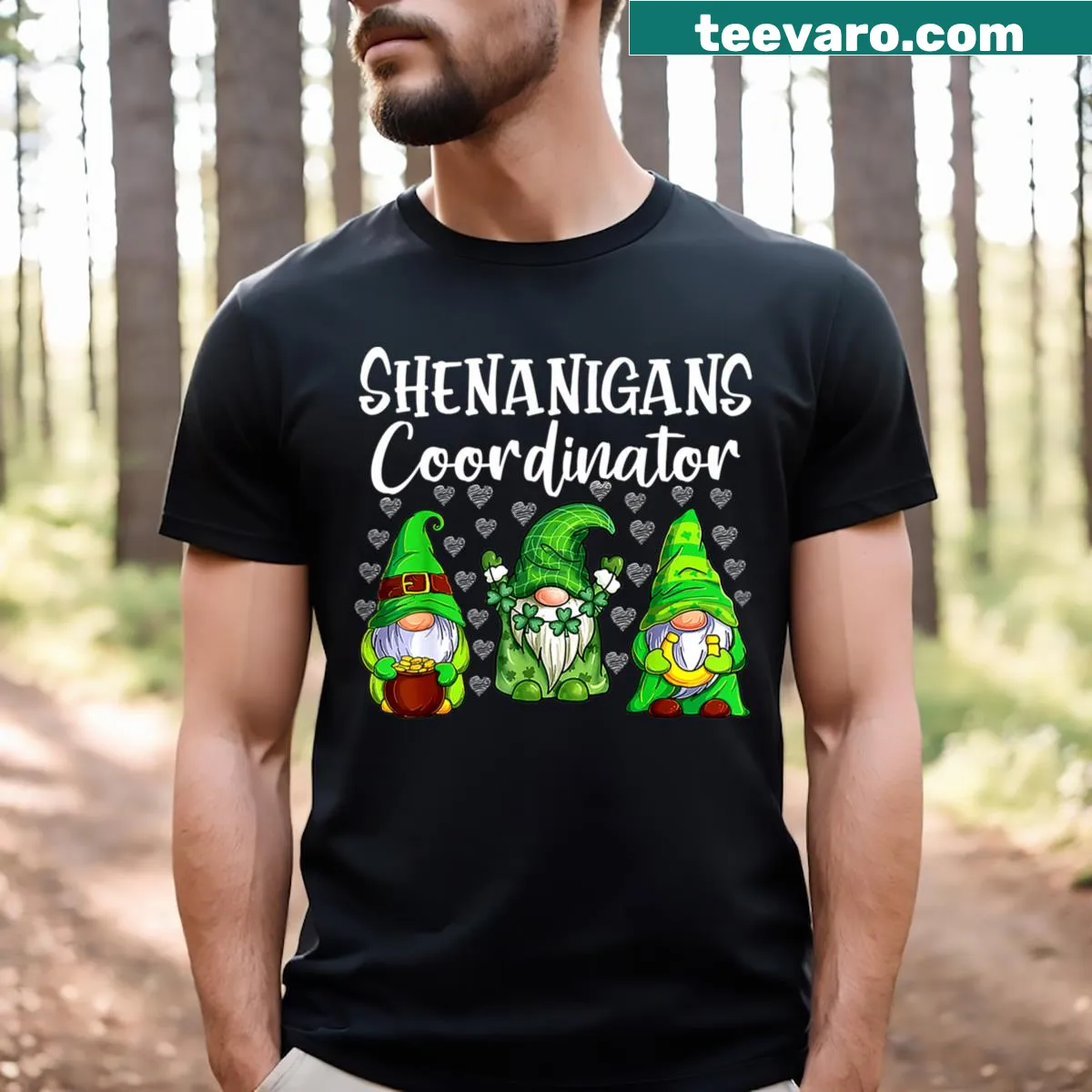 Funny St. Patrick's Day T-shirt featuring gnomes — on a men's t-shirt