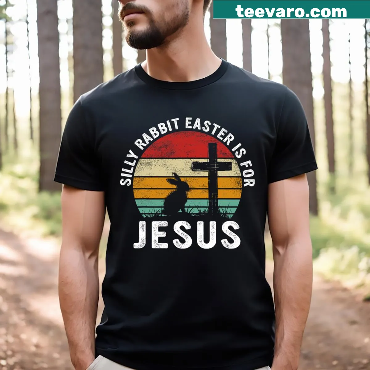 Happy Easter shirt with religious text about Jesus and a rabbit design — on a men's t-shirt