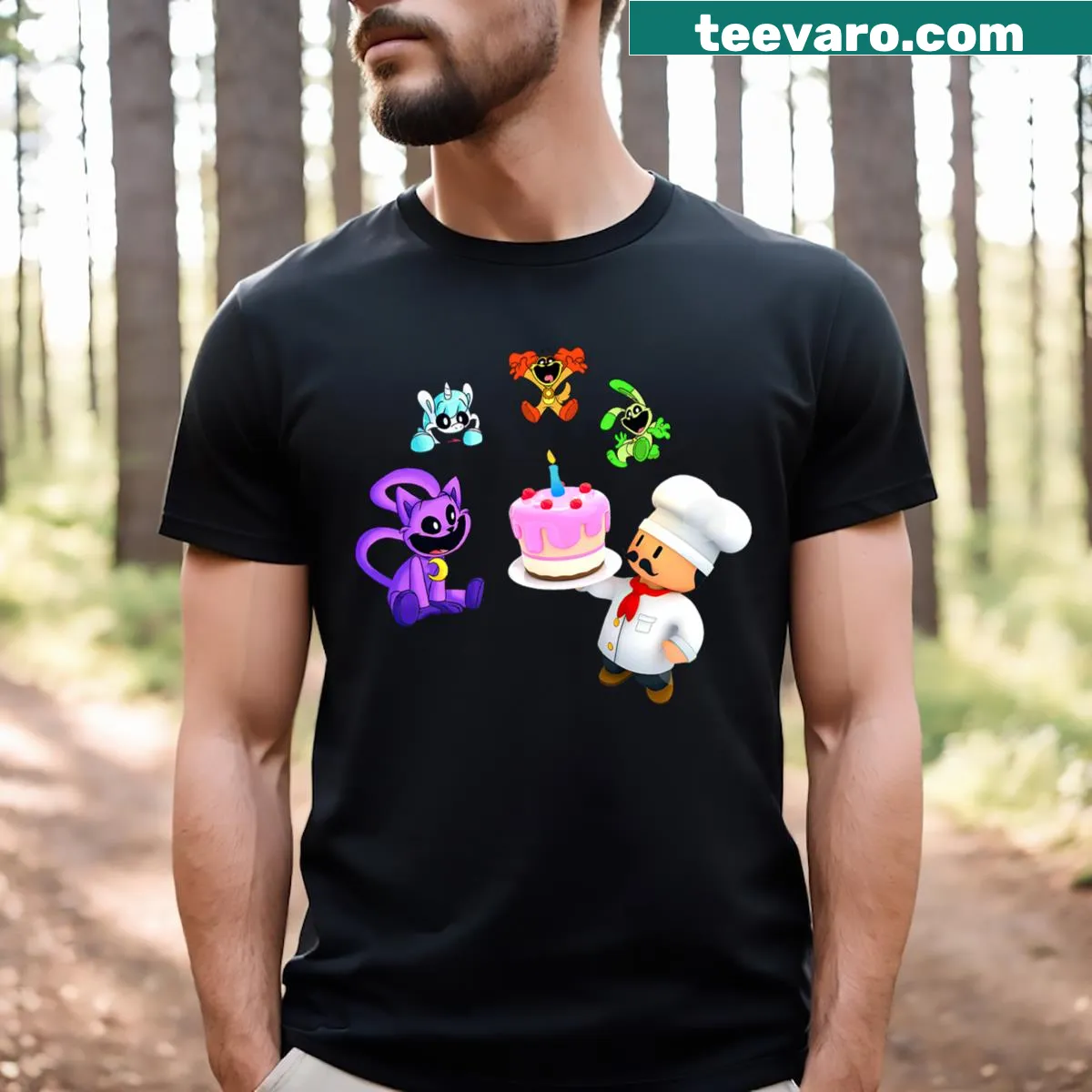 Cute cartoon critters catnap graphic for kids — on a men's t-shirt