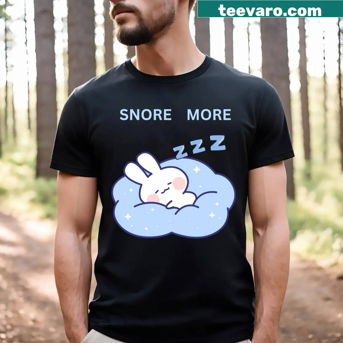 Funny Snore More Bunny t-shirt with playful bunny graphic and text — on a men's t-shirt