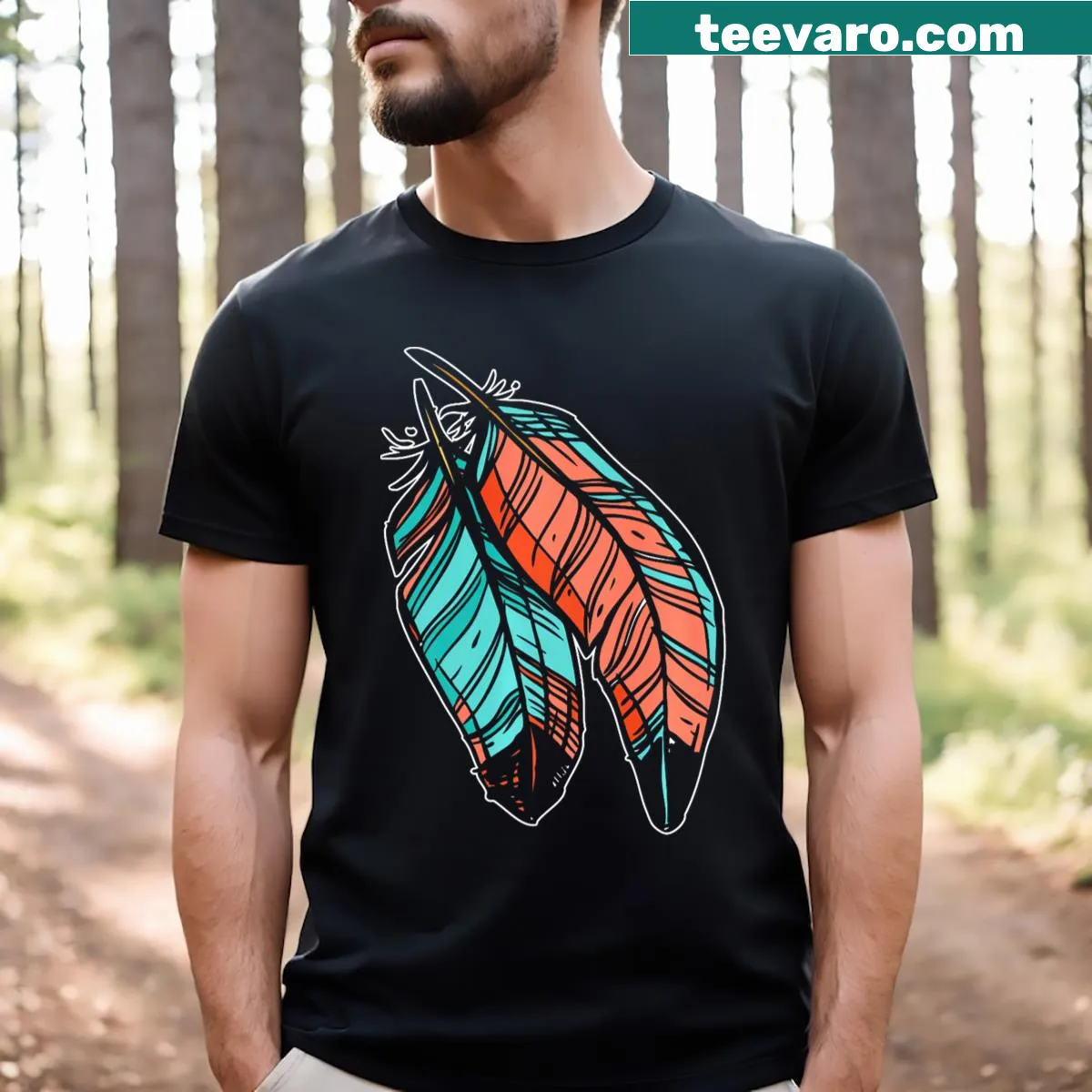 Illustrative Southwest Native American feather graphic t-shirt — on a men's t-shirt