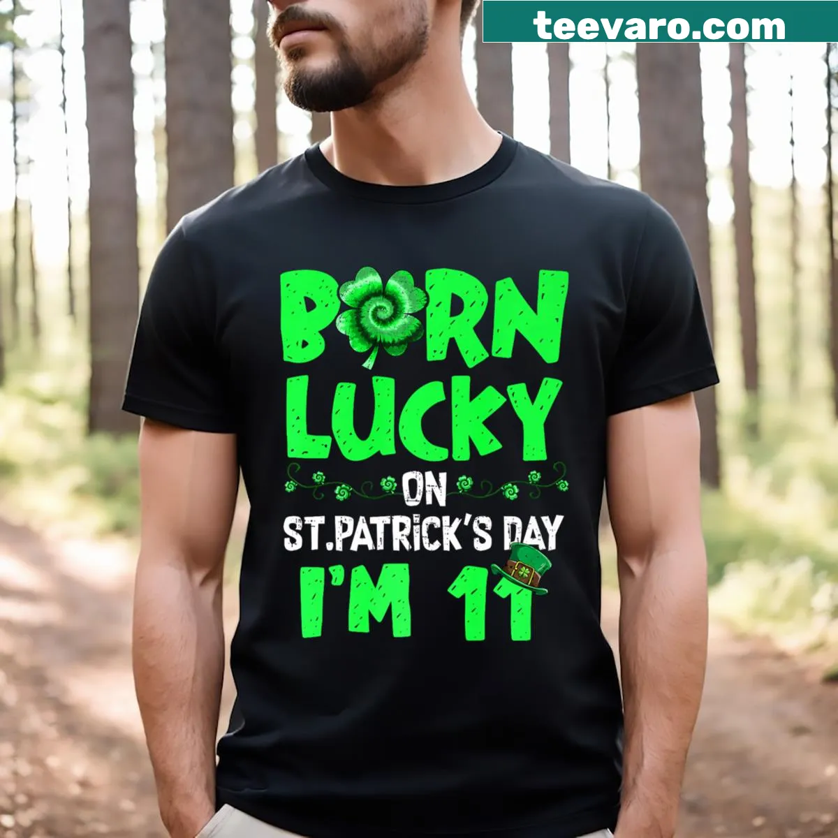 St. Patrick's Day 11th Birthday t-shirt with festive text and designs — on a men's t-shirt