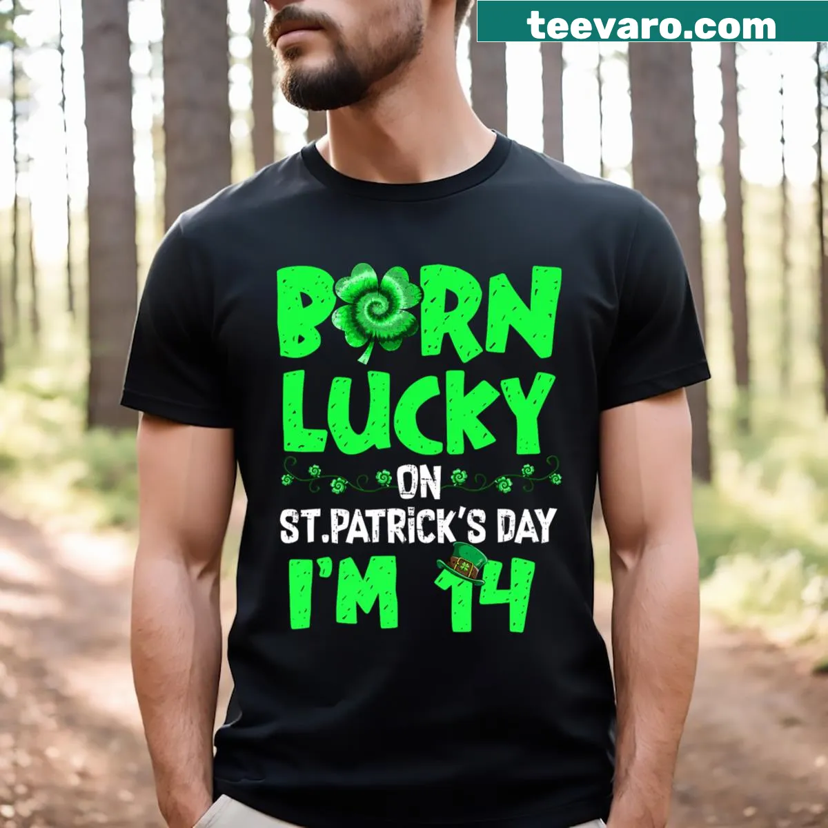 St. Patrick's Day birthday t-shirt for 14-year-olds with festive design — on a men's t-shirt