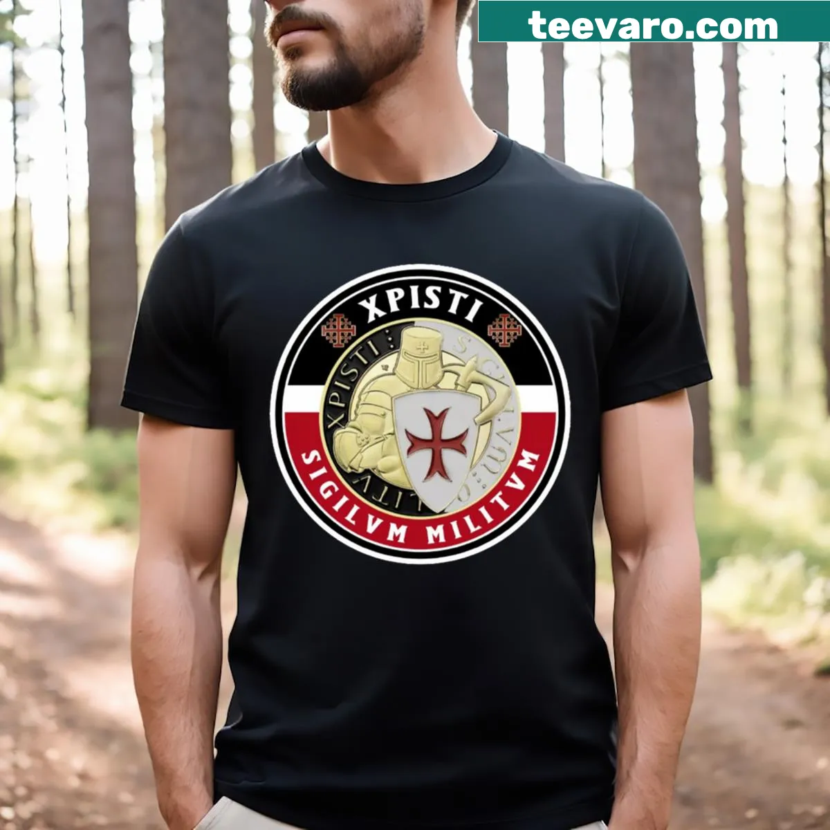 Vintage distressed T-shirt featuring Templar Knights sigil — on a men's t-shirt