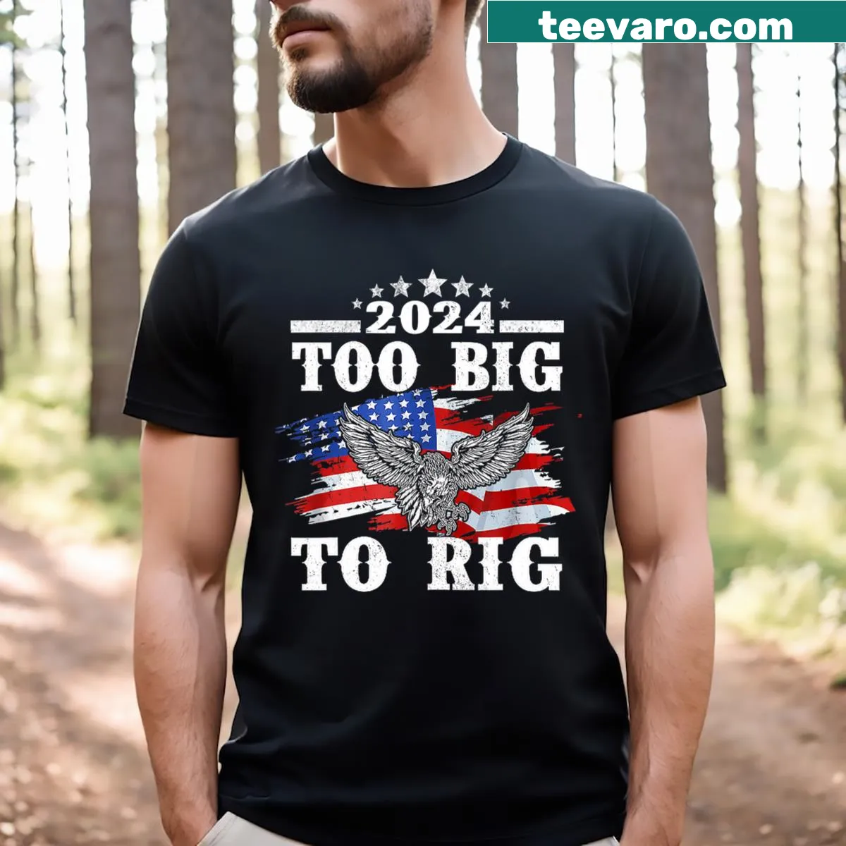 Vintage American flag t-shirt with 'Too Big To Rig' text — on a men's t-shirt