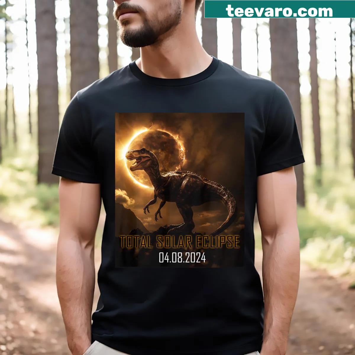 T-shirt featuring a Tyrannosaurus rex illustration related to the total eclipse — on a men's t-shirt