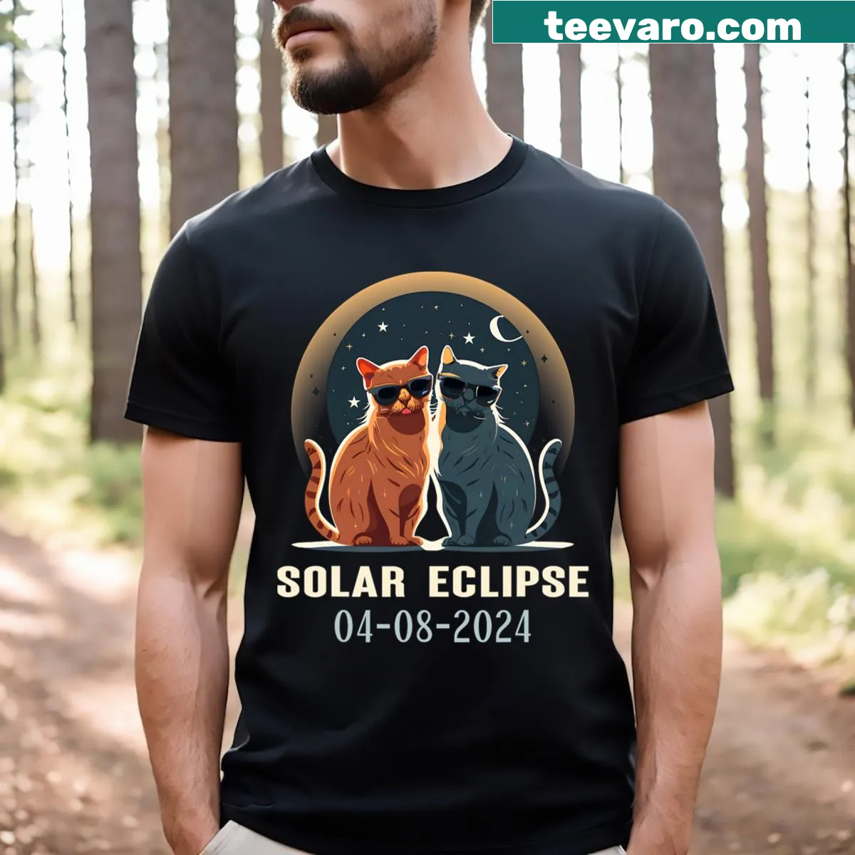 Funny cat in sunglasses graphic for a solar eclipse T-shirt — on a men's t-shirt