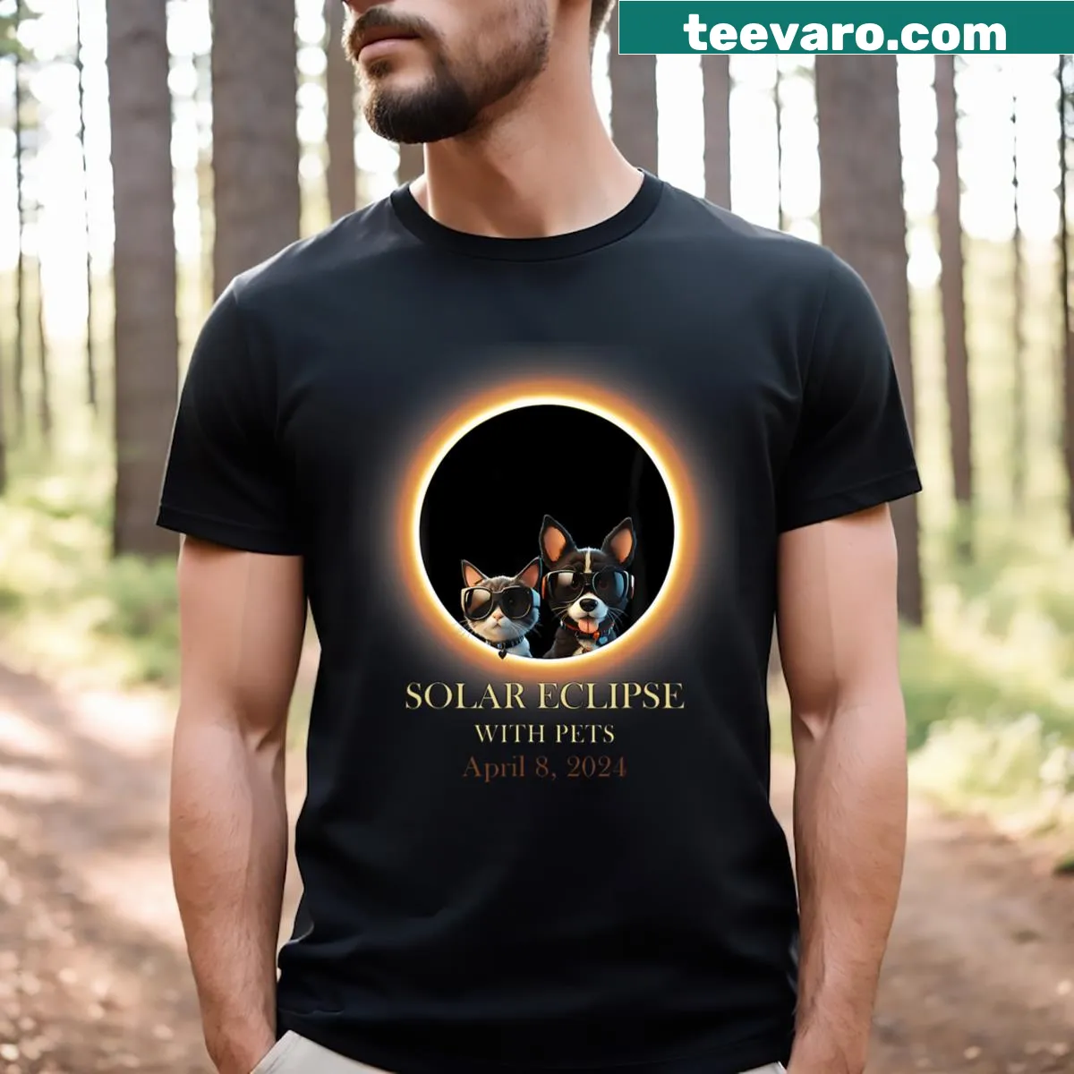 Illustrated t-shirt for Total Solar Eclipse 2024 with dog and cat — on a men's t-shirt