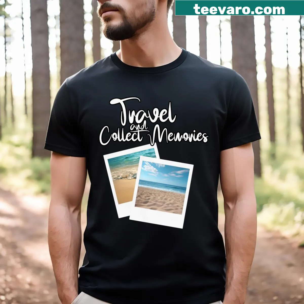 Hand-lettered t-shirt promoting travel and collecting memories — on a men's t-shirt