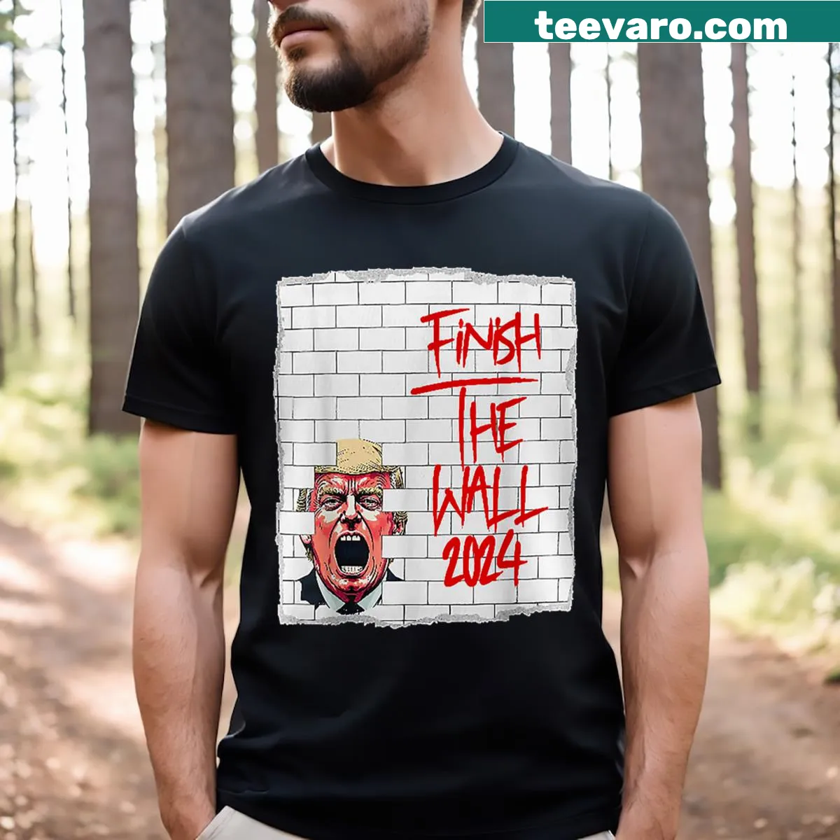 Bold typography 'Finish The Wall' political T-shirt — on a men's t-shirt