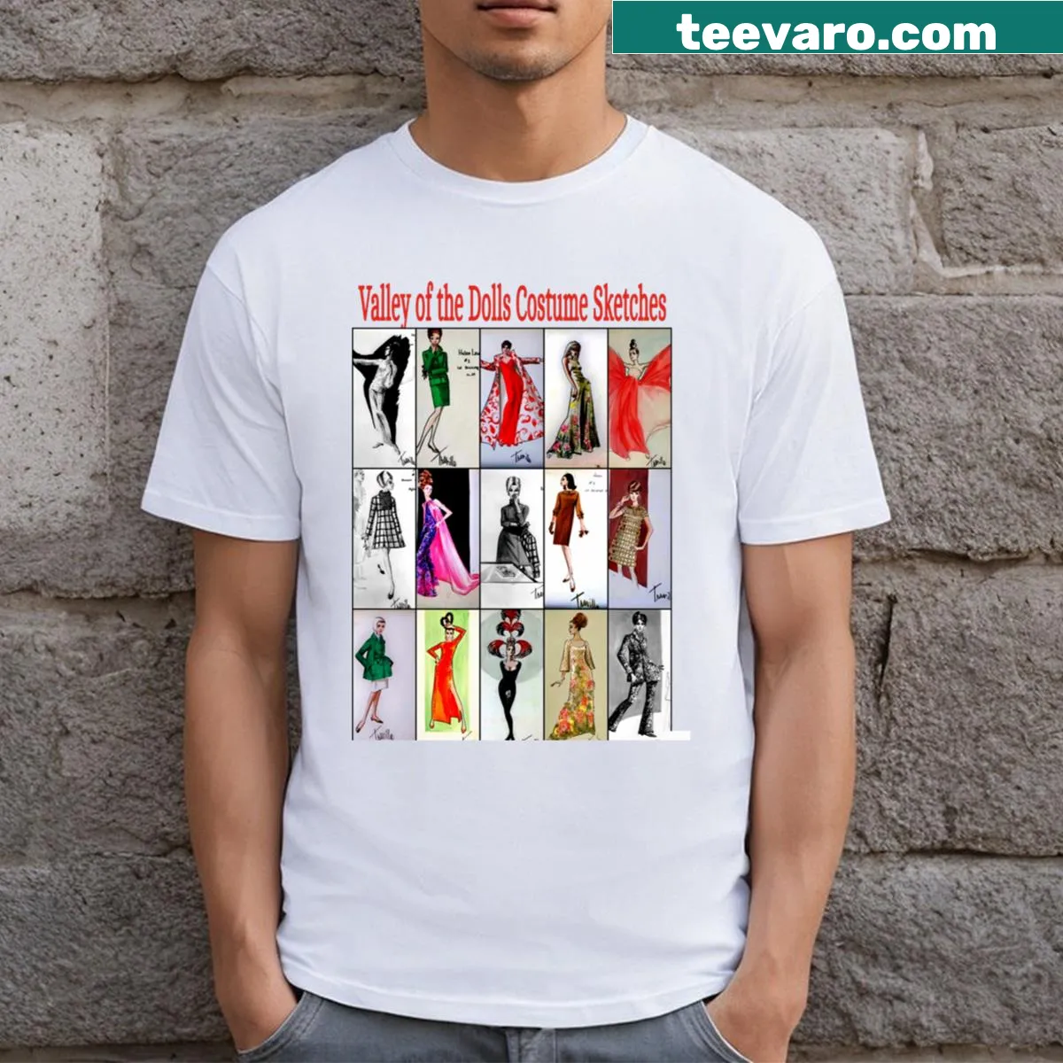Vintage costume sketches from Valley Of The Dolls designed by Travilla — on a men's t-shirt
