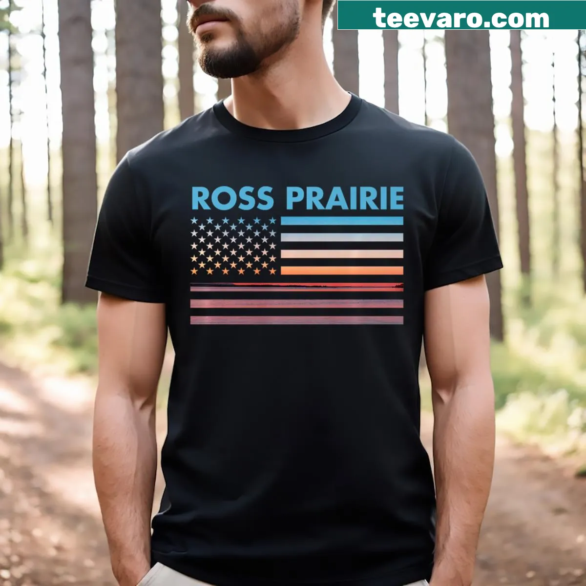 Vintage American flag T-shirt with a sunset graphic, Ross Prairie Florida theme. — on a men's t-shirt