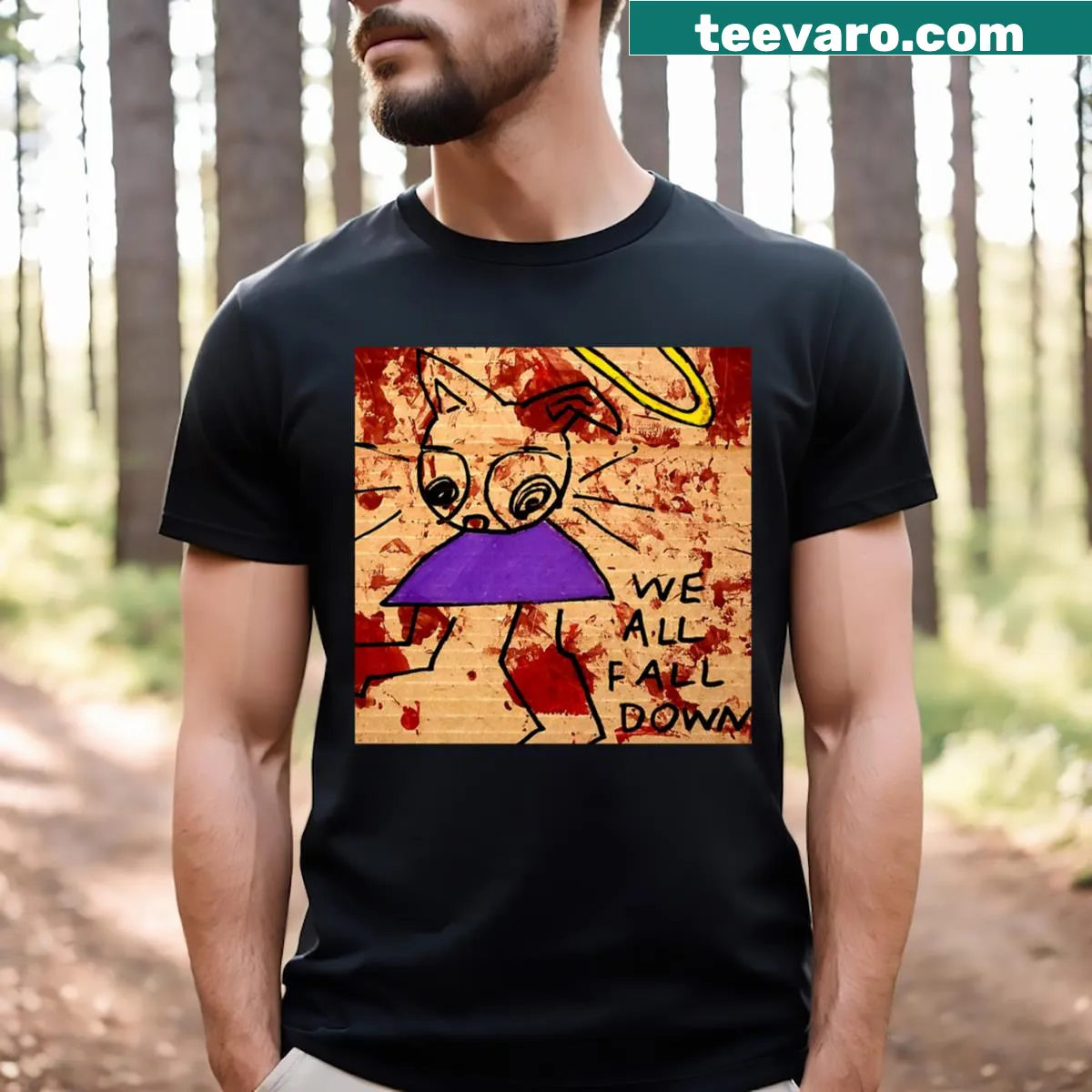 Wholesome typography on We All Fall Down T-shirt with a light-hearted message. — on a men's t-shirt