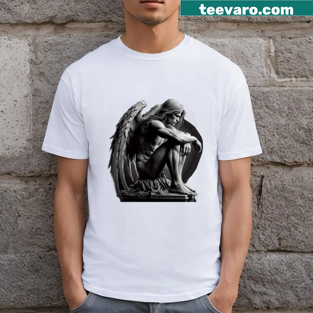 T-shirt featuring a thoughtfully designed weeping male angel illustration — on a men's t-shirt