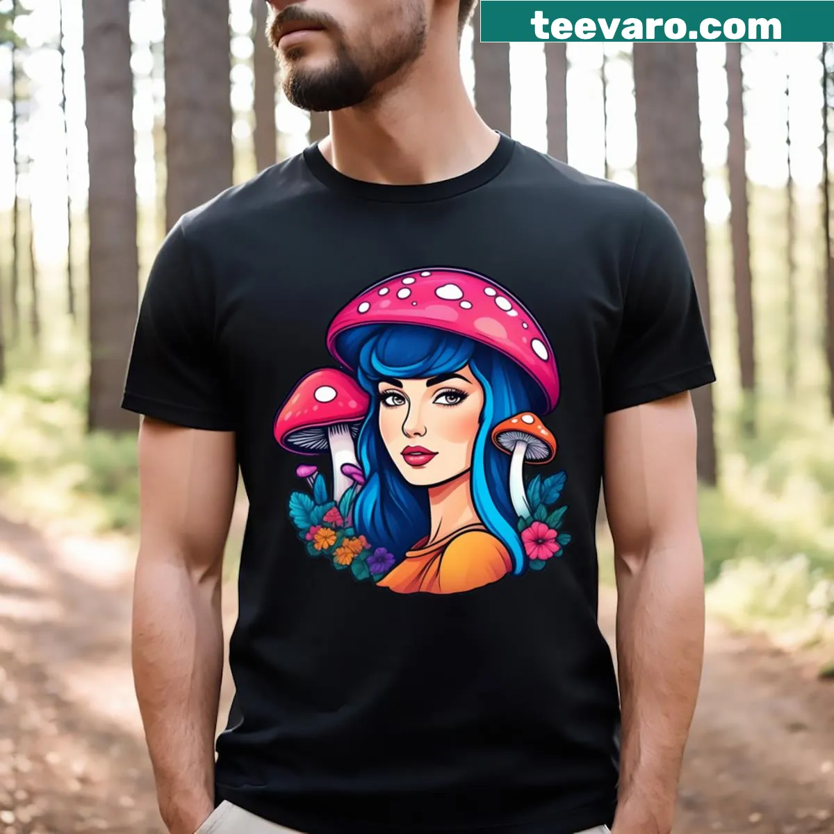 Cute T-shirt with a graphic of a woman wearing a mushroom hat — on a men's t-shirt