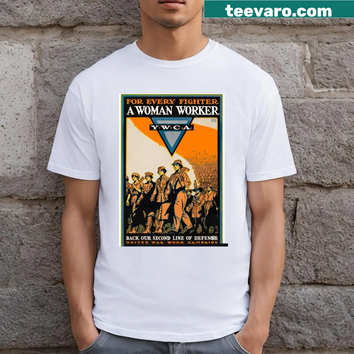 Commemorative shirt honoring women workers from YWCA 1942 — on a men's t-shirt