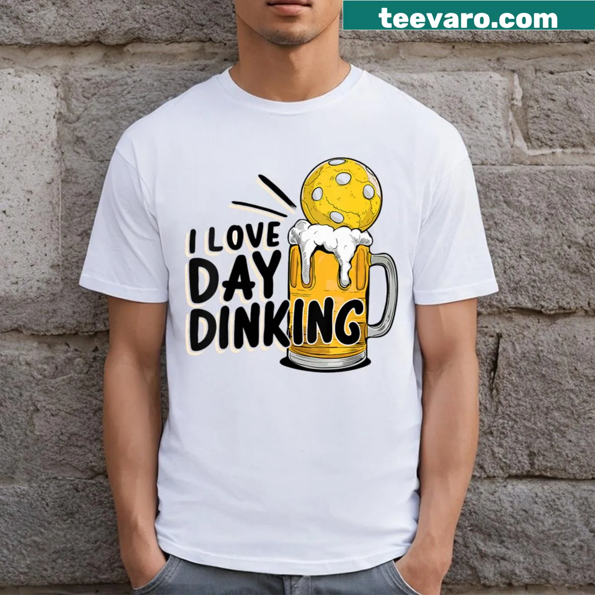 V-neck T-shirt with funny 'I Love Day Drinking' pickleball design — on a men's t-shirt