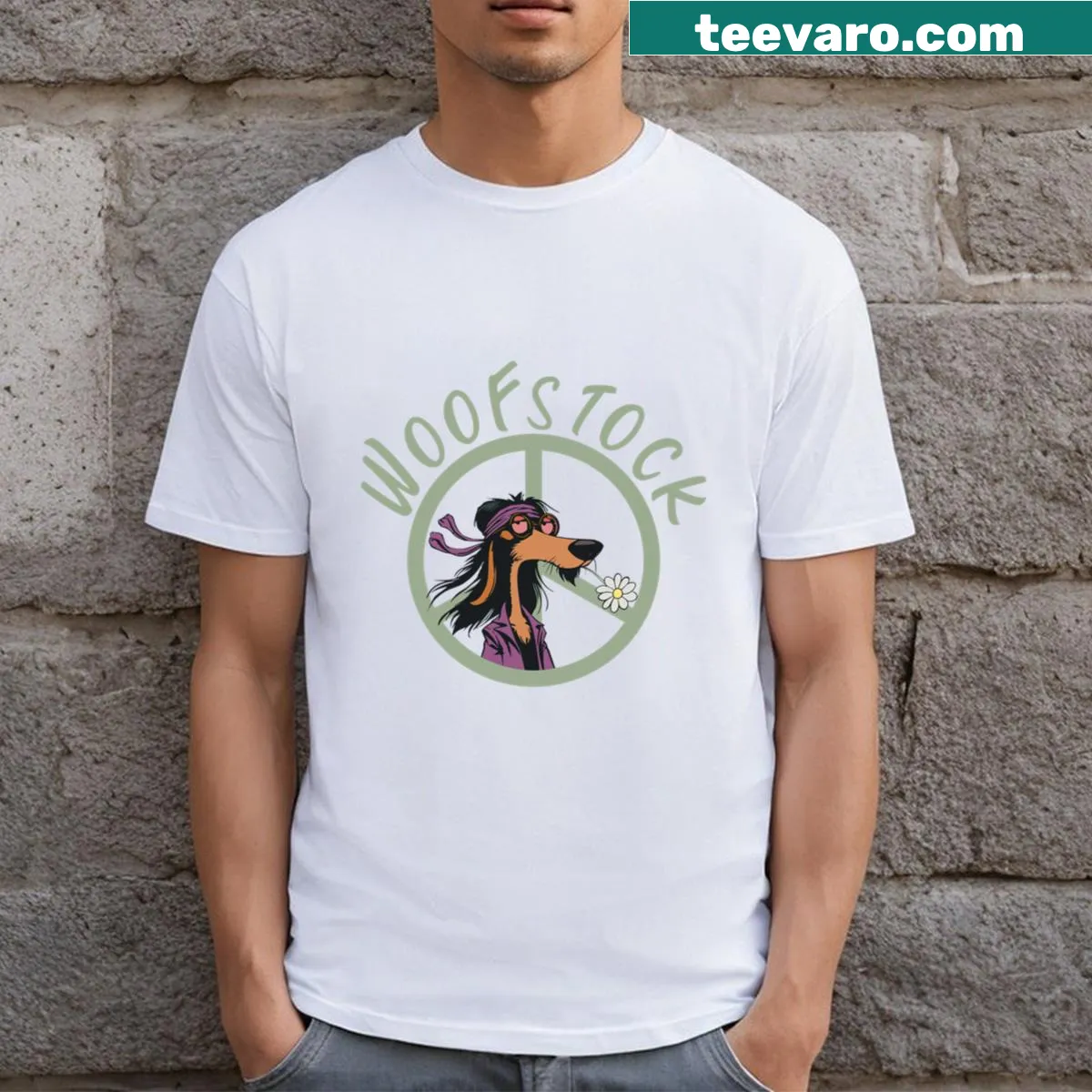 T-shirt featuring 'Woofstock' design celebrating dogs and peace — on a men's t-shirt