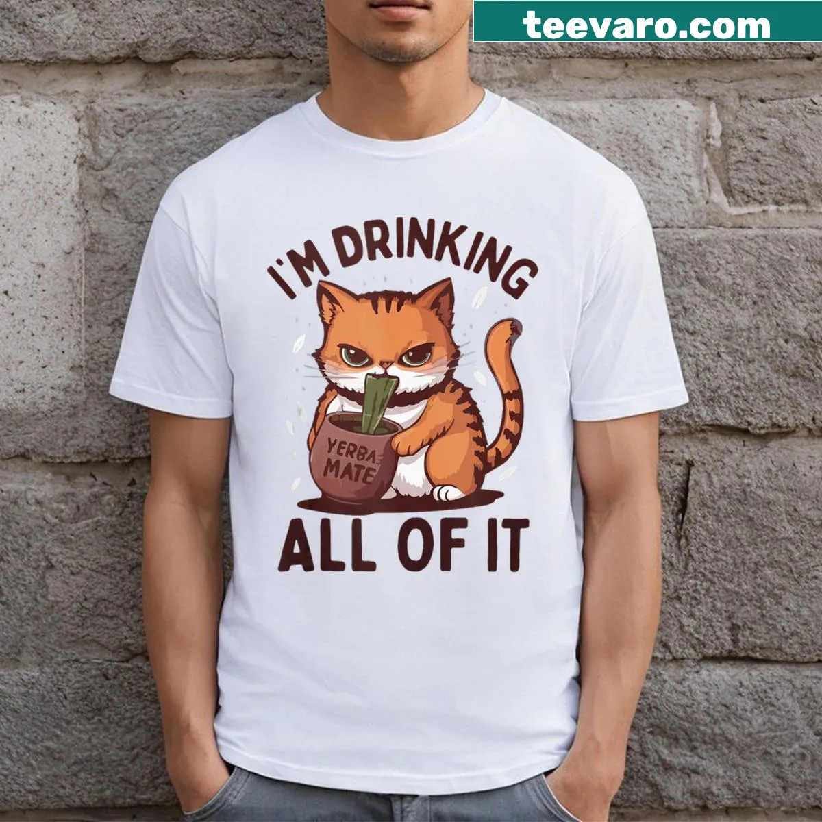 T-shirt featuring a cat and yerba mate tea design — on a men's t-shirt