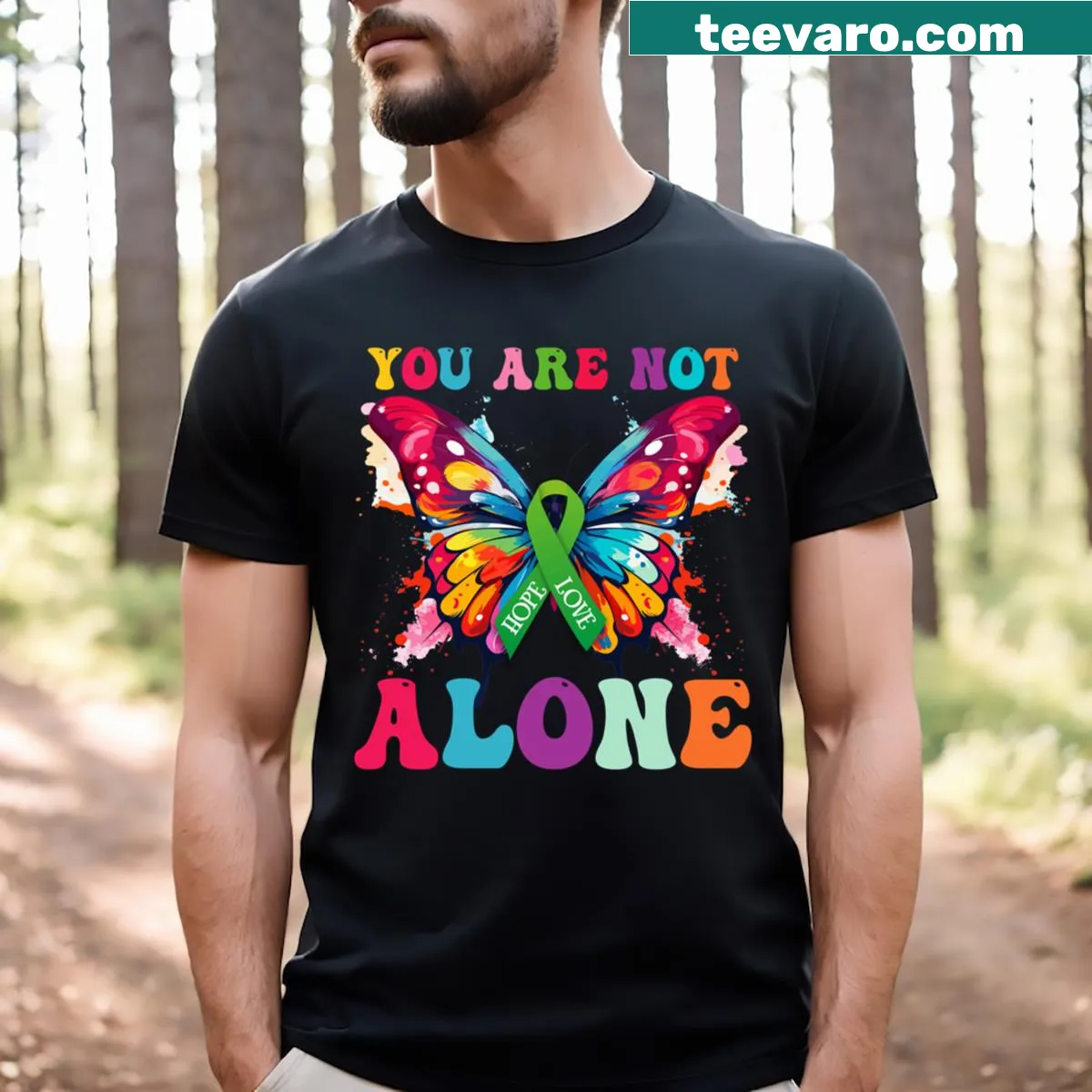 Inspirational T-shirt with the quote 'You Are Not Alone' in typography — on a men's t-shirt