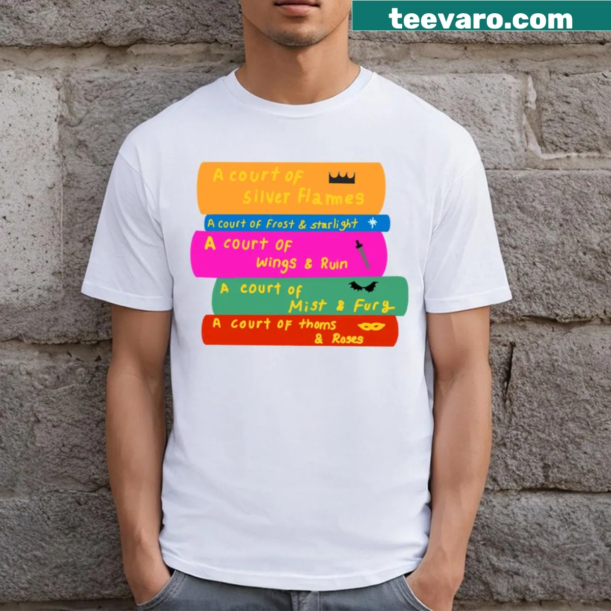 Illustrated stack of Acotar books on a t-shirt. — on a men's t-shirt