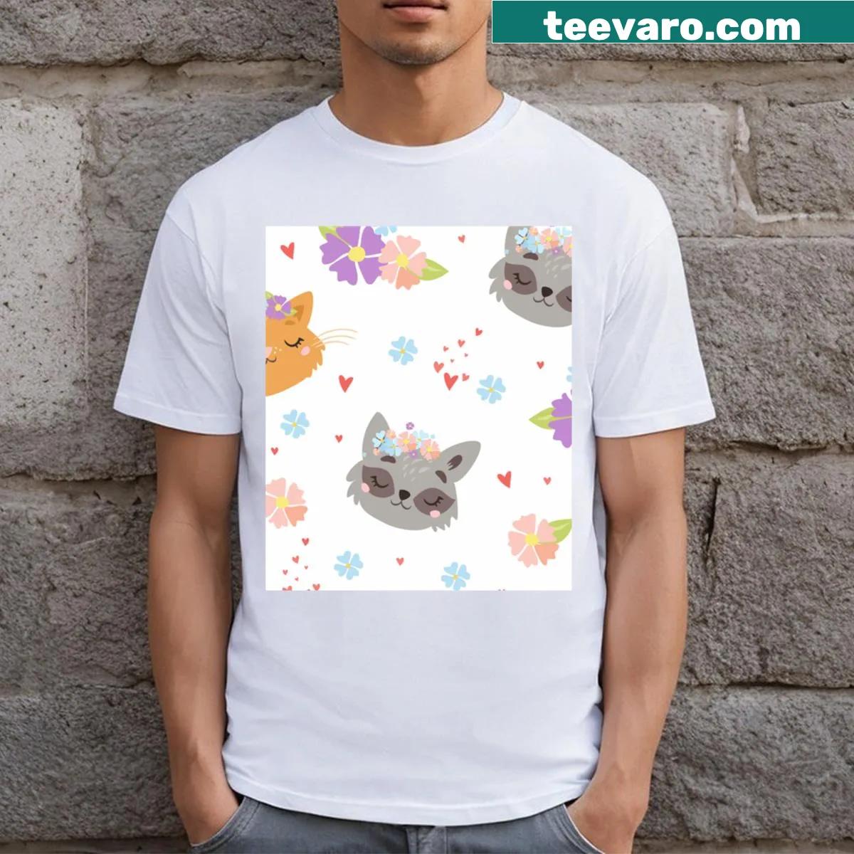 T-shirt featuring a cute pattern of animal faces. — on a men's t-shirt