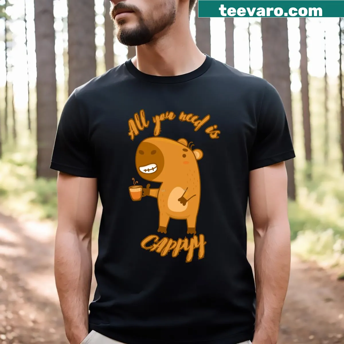 Funny T-shirt with capybara and coffee humor design — on a men's t-shirt