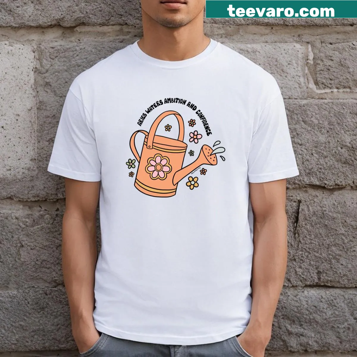 Illustrated Aries watering can t-shirt design — on a men's t-shirt