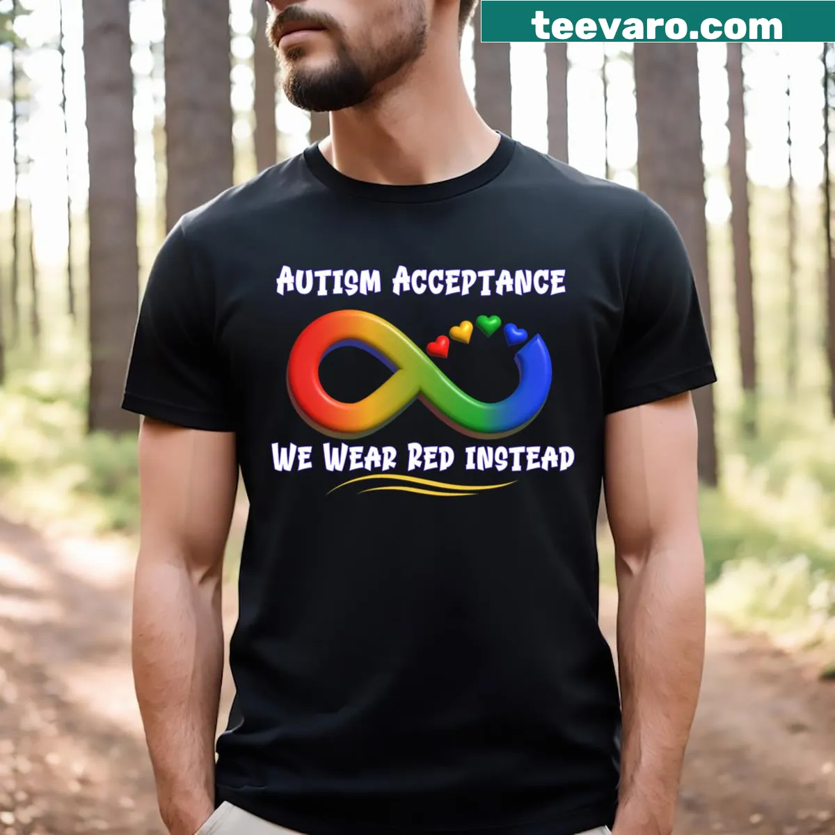 Red slogan T-shirt supporting autism acceptance — on a men's t-shirt