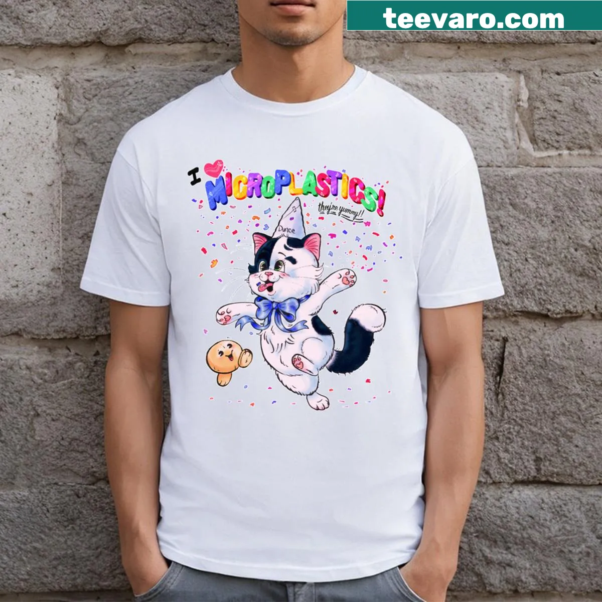 B Icroplastics T-shirt with minimalist text design — on a men's t-shirt