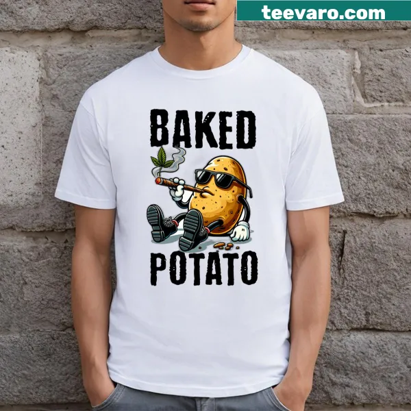 Funny cartoon baked potato graphic on a casual t-shirt