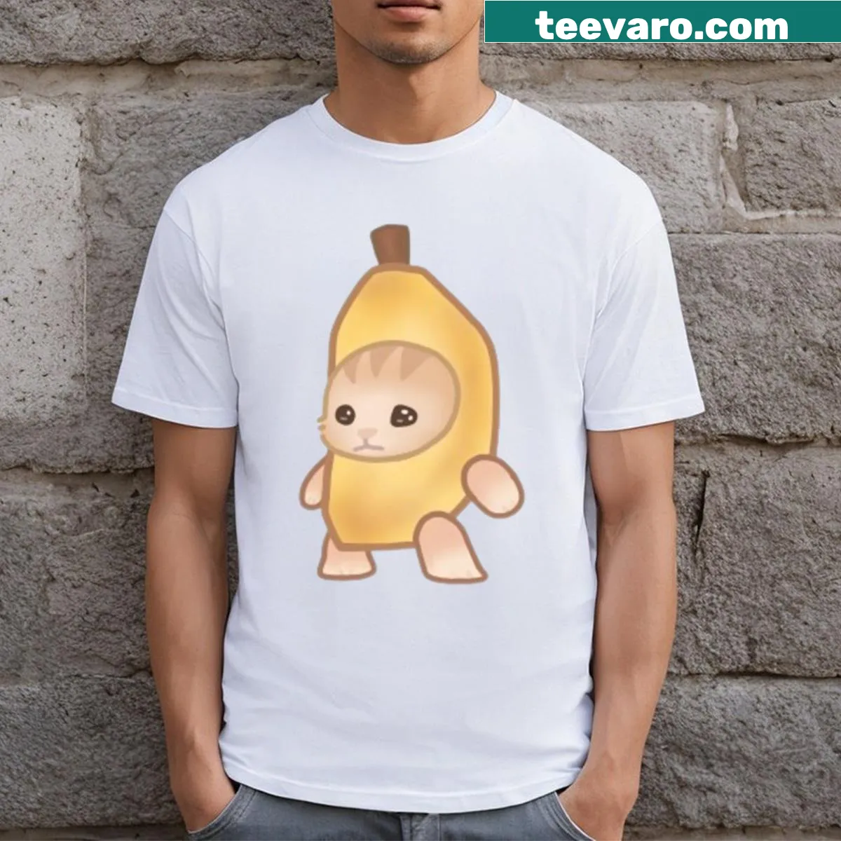 Illustration of a cat in a banana costume on a T-shirt — on a men's t-shirt