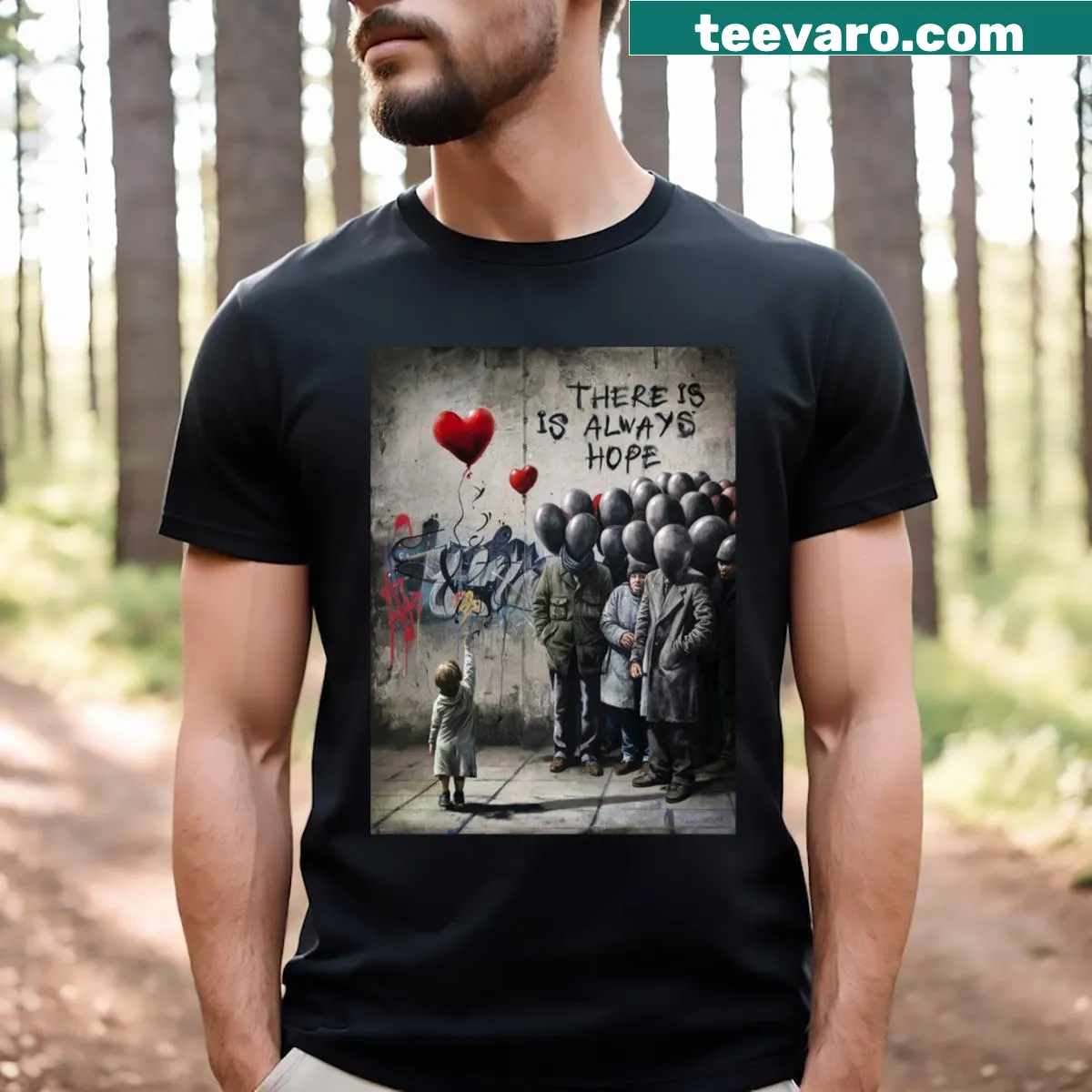 T-shirt featuring Banksy's street art of a girl with a balloon — on a men's t-shirt