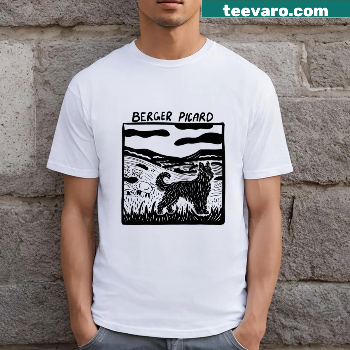 Artistic stamp design featuring a Berger Picard dog — on a men's t-shirt