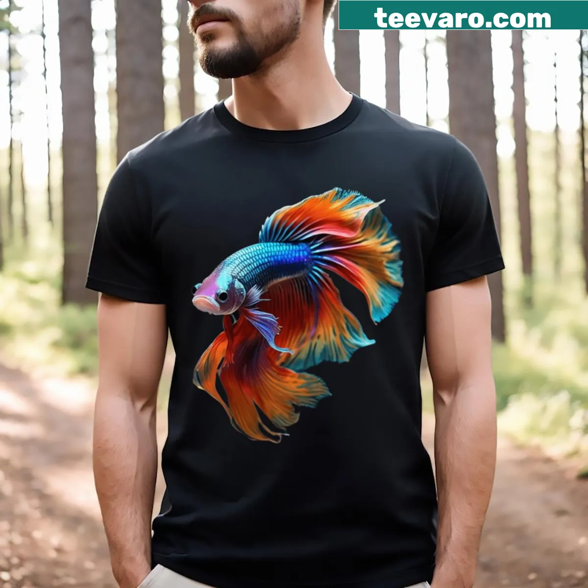 Beta fish graphic on an aquatic theme t-shirt — on a men's t-shirt