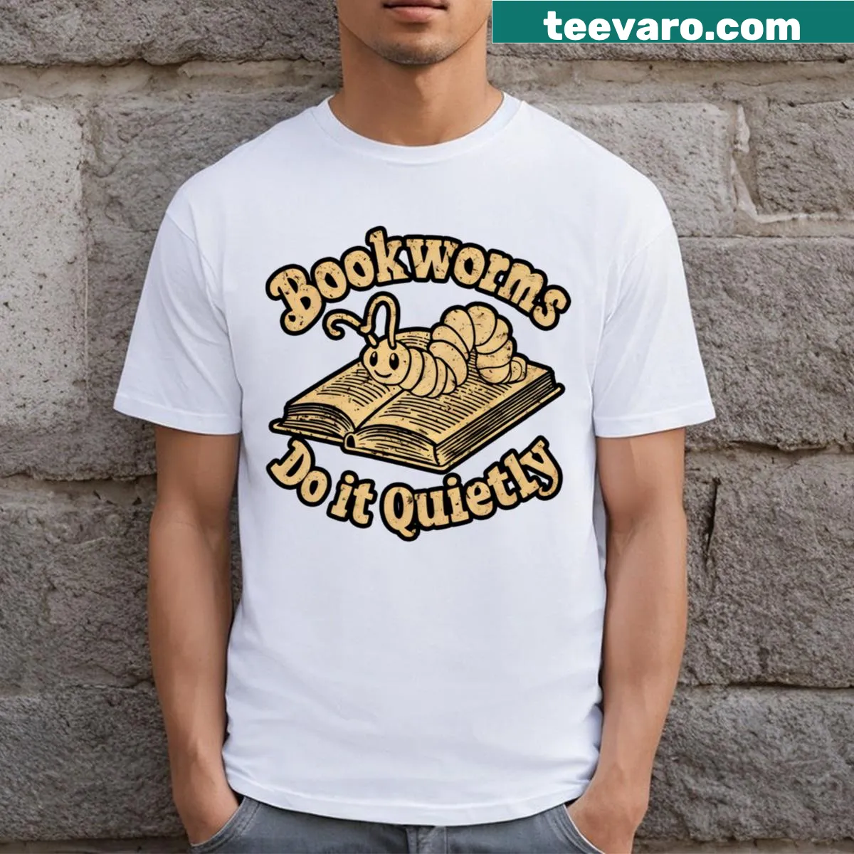 Funny book lover t-shirt with 'Bookworms Do It Quietly' text — on a men's t-shirt