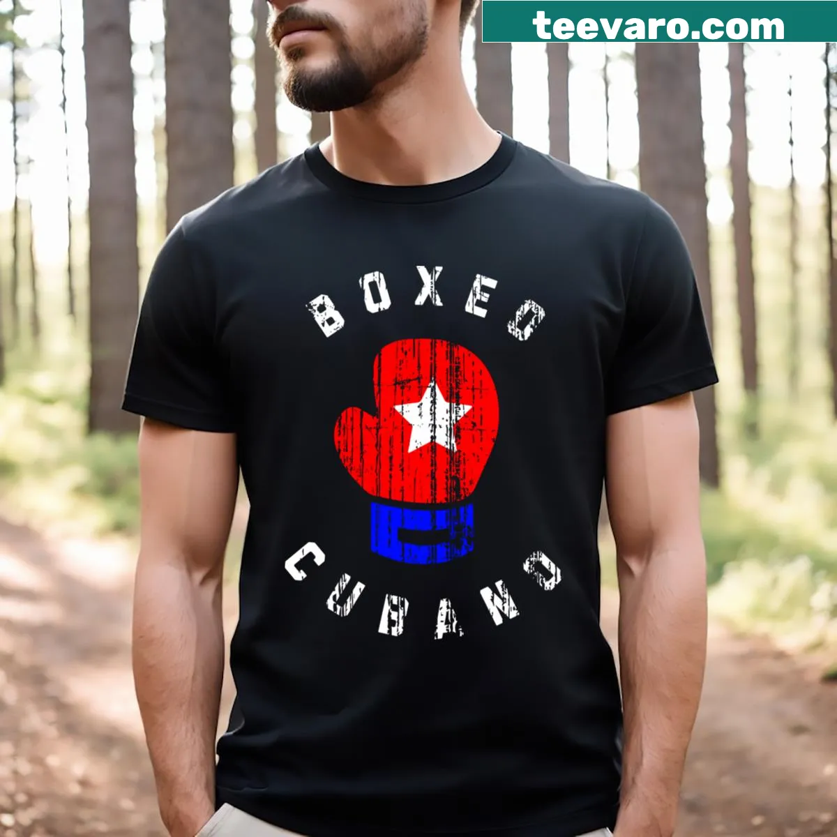 Vintage Cuban boxing-themed T-shirt with classic sports imagery — on a men's t-shirt