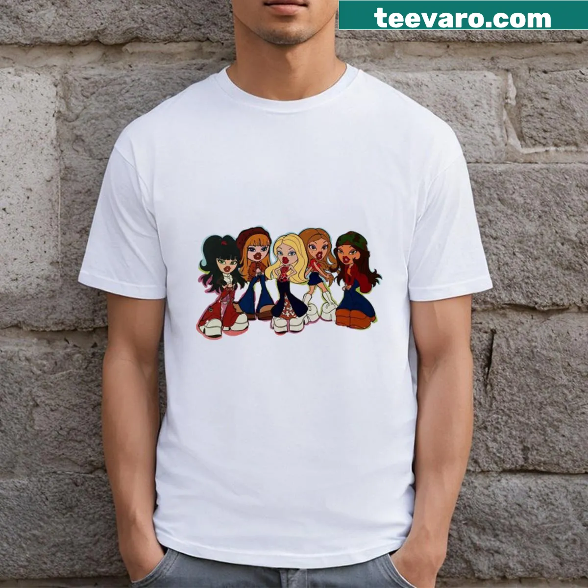 Playful graphic featuring Bratz characters on a T-shirt — on a men's t-shirt