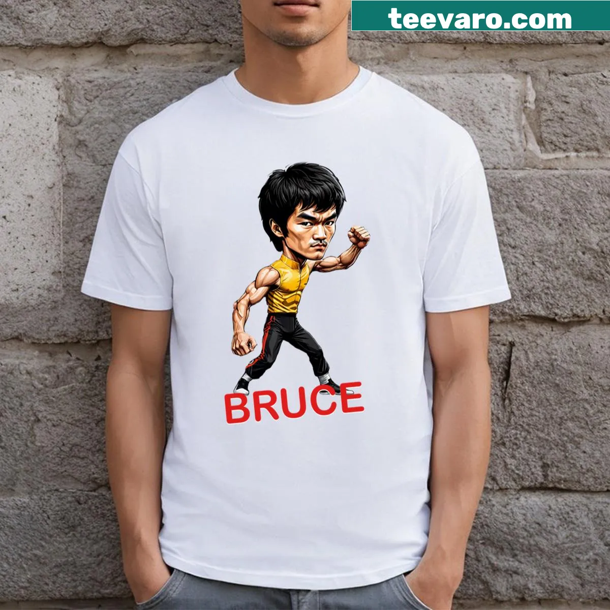 Illustration of Bruce Lee in an iconic pose, celebrating his martial arts legacy — on a men's t-shirt
