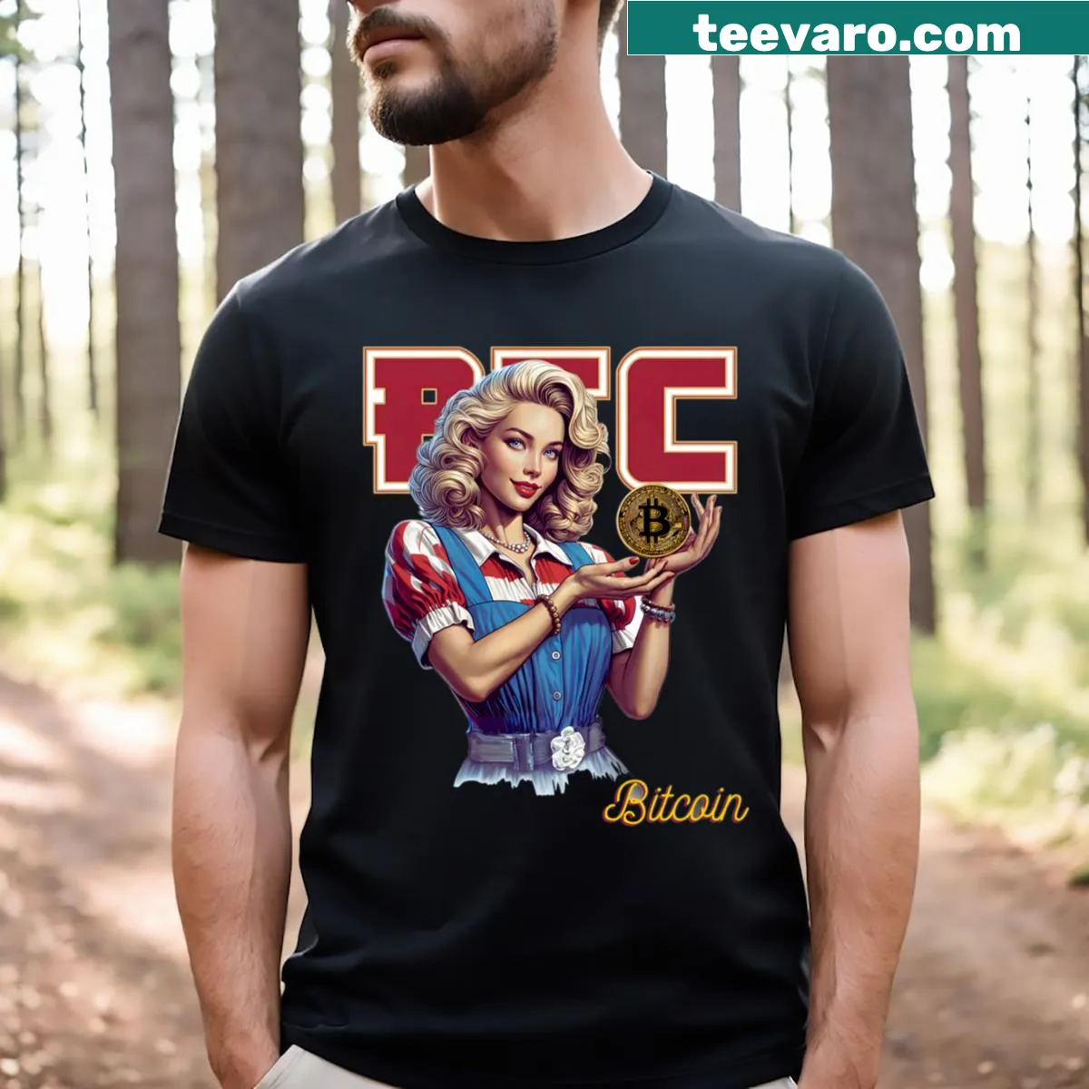 Retro art T-shirt featuring Bitcoin design for women — on a men's t-shirt