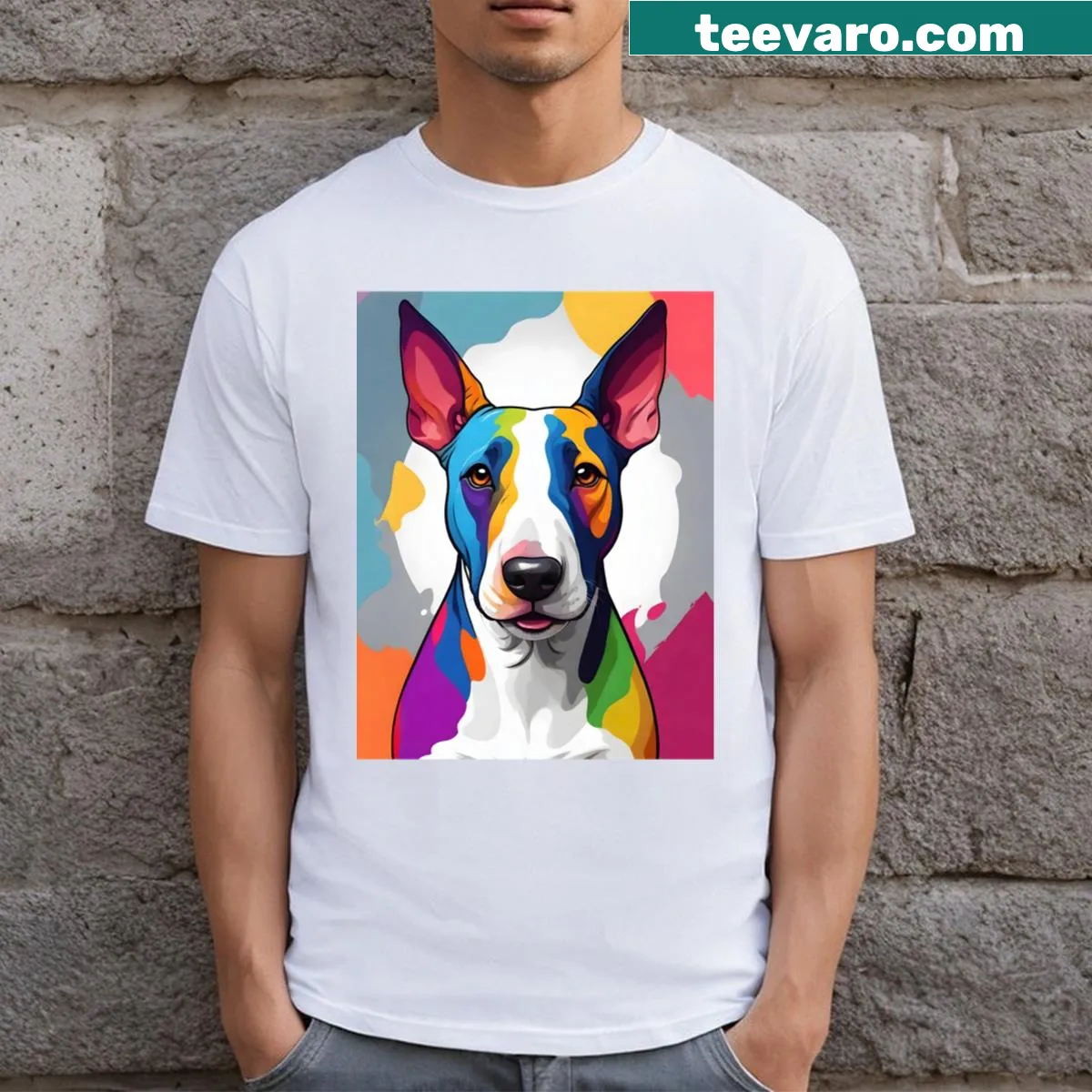 Illustrative Bull Terrier T-shirt featuring playful dog design. — on a men's t-shirt